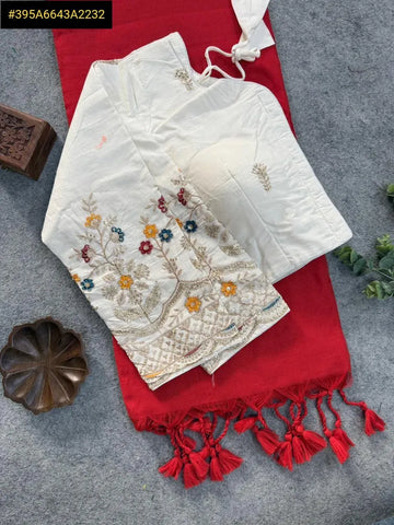 Elegant Handloom Khadi Cotton Saree - Heavy Embroidery Blouse for Women