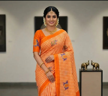 Elegant Handloom Linen Cotton Saree - Digital Elephant Motifs