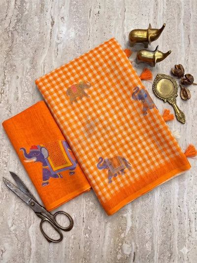 Elegant Handloom Linen Cotton Saree - Digital Elephant Motifs
