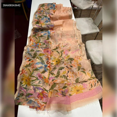 Elegant Handloom Linen Saree - Soft Floral Print for Women