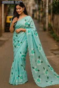 Elegant Handpainted Organza Saree - Sequin Floral Design for Party Wear