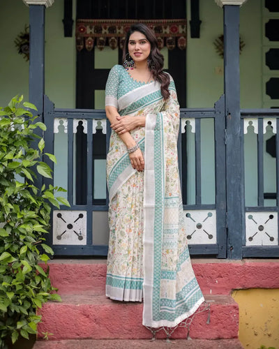 Elegant Ivory Green Linen Cotton Saree - Breathable Festive Wear for Women
