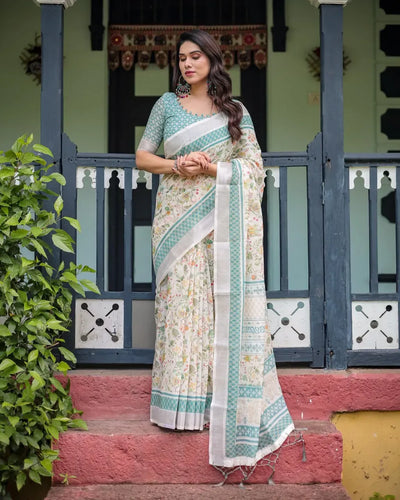 Elegant Ivory Green Linen Cotton Saree - Breathable Festive Wear for Women