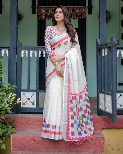 Elegant Ivory Linen Cotton Saree with Festive Patchwork Design for Office & Festive Wear