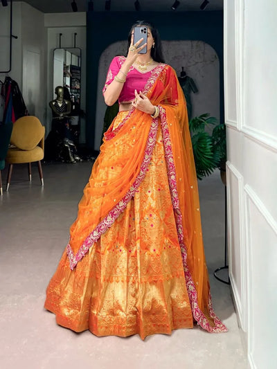 Elegant Jacquard Silk Lehenga with Zari Detailing - Festive Wear for Women
