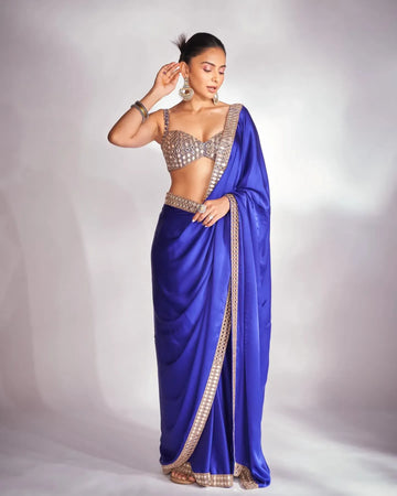 Elegant Japan Satin Saree - Real Mirror Work for Festive & Party Wear