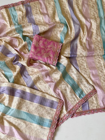 Elegant Jaquard Weaving Saree - Light Weight Pastel Stripes for Festive Wear
