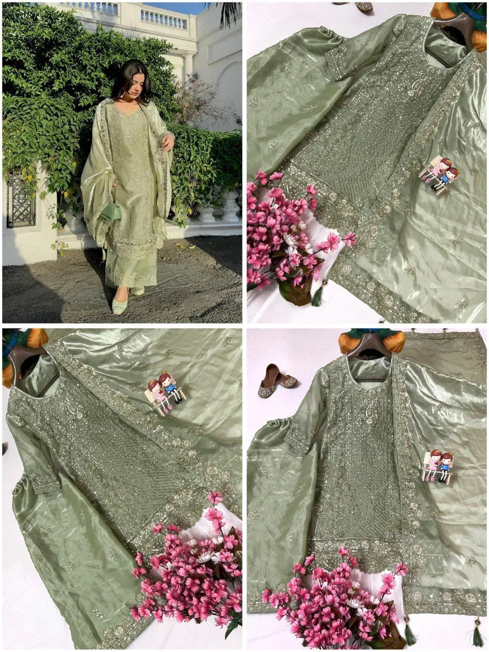 Sage Green Jimmi Chhoo Kurti Plazzo Set with Heavy Zari Embroidery
