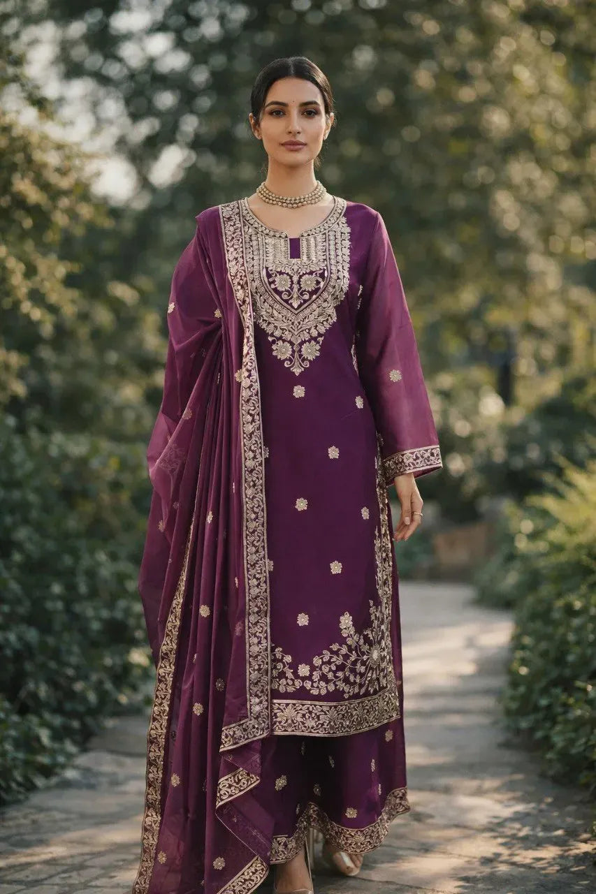 Premium JMC Silk Thread Work Plazo Suit Set for Women