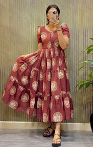Elegant Kalamkari Block Printed Cotton Midi Dress with Pocket - Raksha Bandhan Festive Wear