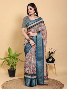 Elegant Kalamkari Linen Cotton Saree - Artistic Pichwai Print & Teal Jacquard Border Festive Wear for Women