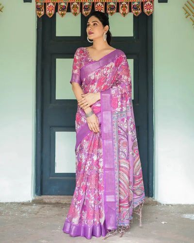 Elegant Kalamkari Linen Cotton Saree - Breathable Floral Festive Wear for Women
