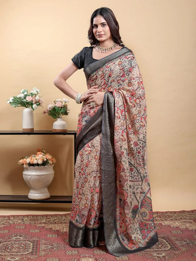 Elegant Kalamkari Linen Cotton Saree with Zari Border for Festive Wear