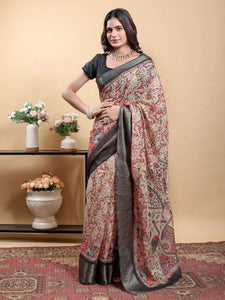 Elegant Kalamkari Linen Cotton Saree with Zari Border for Festive Wear
