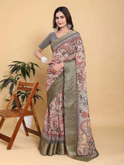 Elegant Kalamkari Linen Cotton Saree with Zari Border