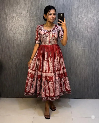Elegant Kalamkari Muslin Frock - Flared Festive Prep Wear for Women