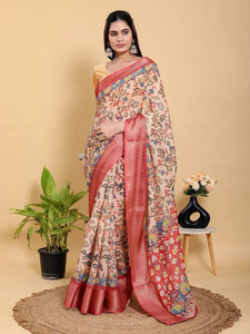 Elegant Kalamkari Print Linen Cotton Saree with Zari Border for Festive Wear