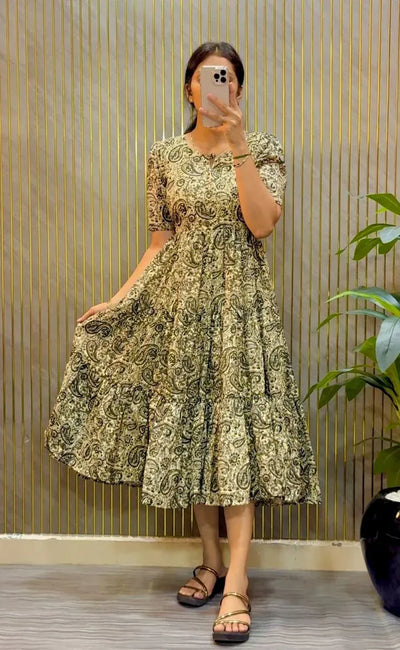Elegant Kalamkari Printed Cotton Midi Dress with Mobile Pocket
