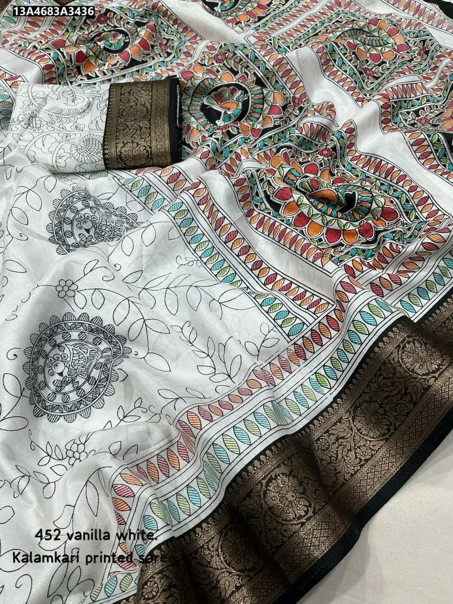 Premium Vanilla White Kalamkari Cotton Crepe Saree with Zari Border