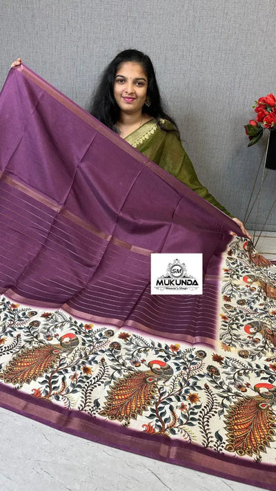 Elegant Kalamkari Saree - Centre Weaving & Contrast Blouse for Festive & Traditional Wear