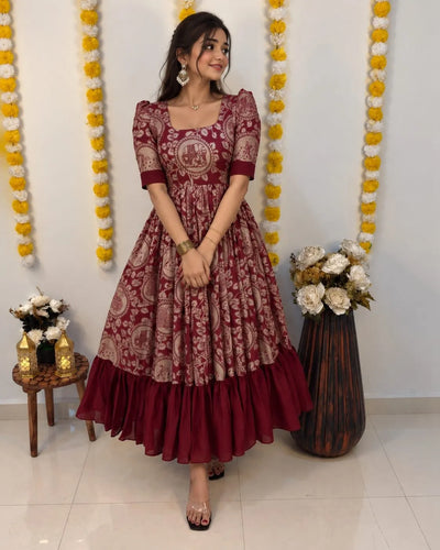 Elegant Kalamkari Vichithra Silk Frock with 3.5m Flare for Festive Wear