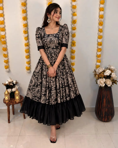 Elegant Kalamkari Vichithra Silk Frock with 3.5m Flare for Festive Wear