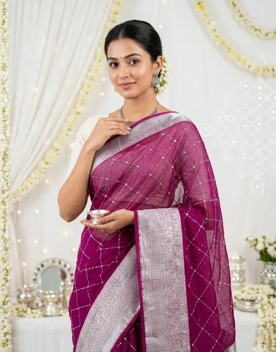 Woman wearing a magenta pink organza saree with silver grid pattern sequence work holding a small silver bowl