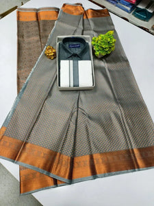 Elegant Kanchipuram Silk Saree & Cotton Dhoti Shirt Couple Combo Set