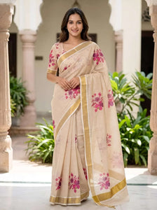 Elegant Kerala Linen Saree - Soft Gold Zari Festive Wear