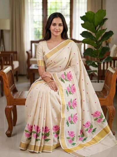 Elegant Kerala Linen Saree - Soft Gold Zari Festive Wear