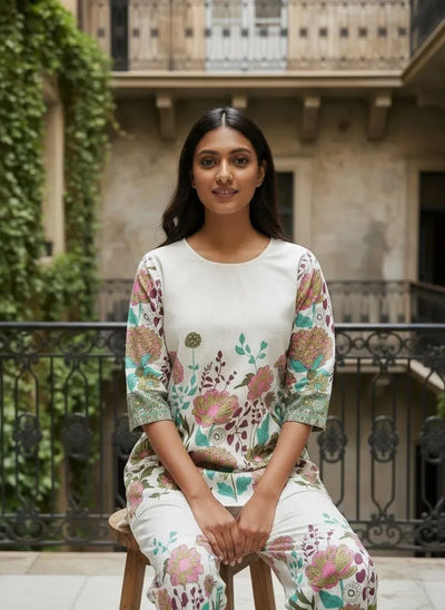 Elegant Khadi Cotton Co-ord Set - Breathable Floral Print for Office & Festive Wear