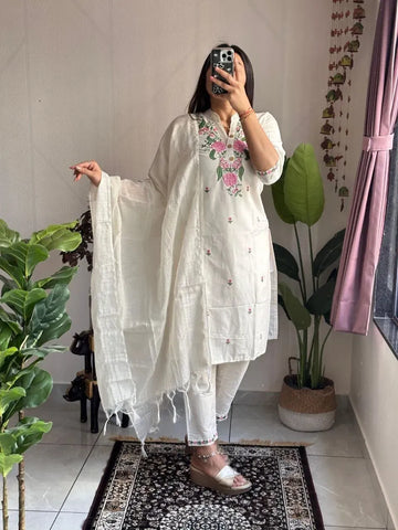 Elegant Khadi Cotton Kurti Pant Set - Embroidered 3-Piece Raksha Bandhan Festive Wear