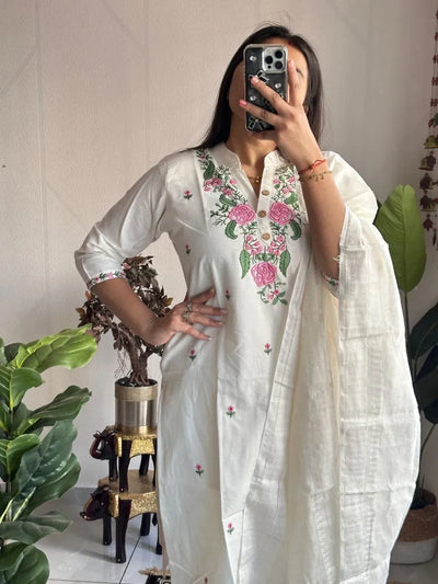 Elegant Khadi Cotton Kurti Pant Set - Embroidered 3-Piece Raksha Bandhan Festive Wear