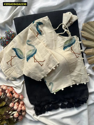 Elegant Khadi Cotton Saree - Heavy Embroidery Padded Blouse | Spring Festive Wear