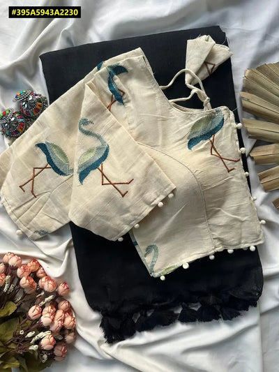 Elegant Khadi Cotton Saree - Heavy Embroidery Padded Blouse | Spring Festive Wear