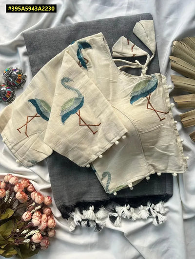 Elegant Khadi Cotton Saree - Heavy Embroidery Padded Blouse | Spring Festive Wear