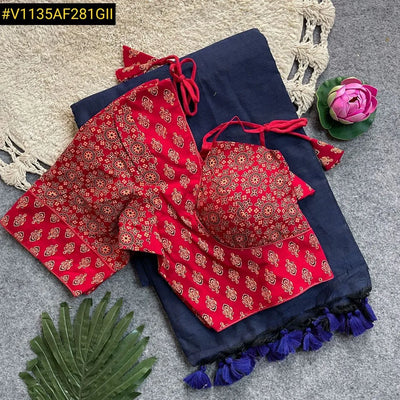 Elegant Khadi Cotton Silk Saree - Summer Wear with Padded Ajrakh Blouse for Women