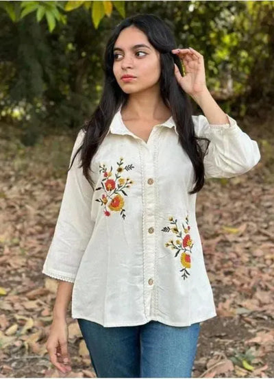 Elegant Khadi Cotton Top - Hand Embroidered Western Wear for Women