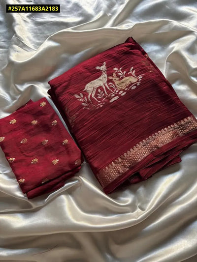 Elegant Khadi Viscos Saree - Deer Figure Zari Jacquard Design for Festive Wear