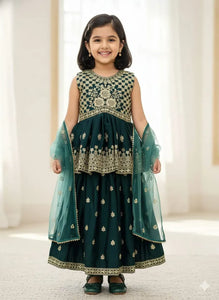 Elegant Kids Chinnon Palazzo Set - Heavy Embroidery & Dupatta for Festive Wear