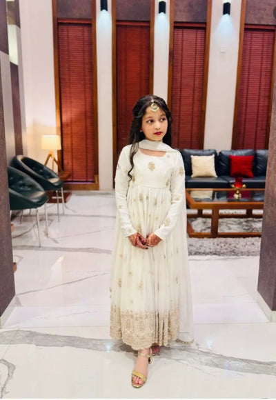 Elegant Kids Off White Gown - Full Stitched Embroidery for Girls