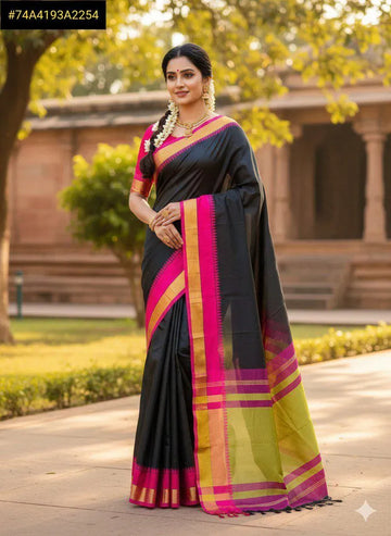 Elegant Korvai Border Silk Cotton Saree - Festive Wear for Women