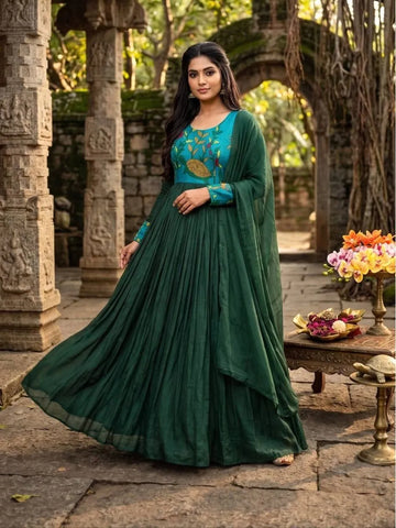 Elegant Kota Checks Kalamkari Gown - High Flare Festive Wear for Women