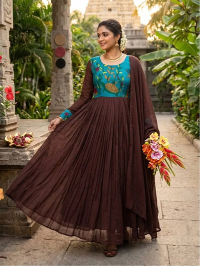 Elegant Kota Checks Kalamkari Gown - High Flare Festive Wear for Women