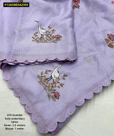 Elegant Kota Doria Saree - Bird Embroidery & Cutwork for Spring Festivities