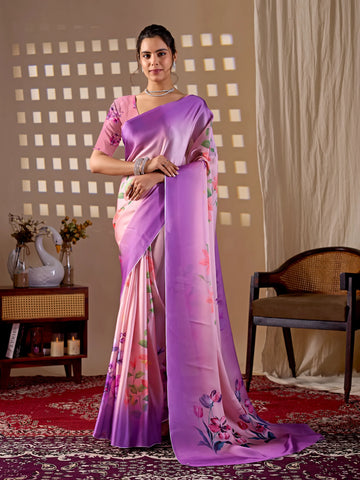 Elegant Lavender Floral Printed Saree - Soft Georgette for Women