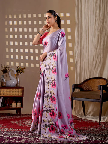 Elegant Lavender Georgette Saree - Vibrant Floral Print for Festive Wear