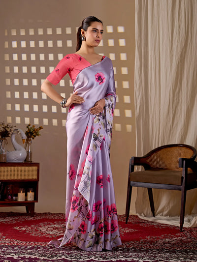 Elegant Lavender Georgette Saree - Vibrant Floral Print for Festive Wear