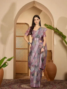 Elegant Lavender Linen Cotton Saree - Digital Leaf Print Festive Wear