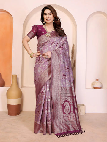 Elegant Lavender Pure Cotton Spun Saree - Jacquard Zari Weaving for Festive Occasions